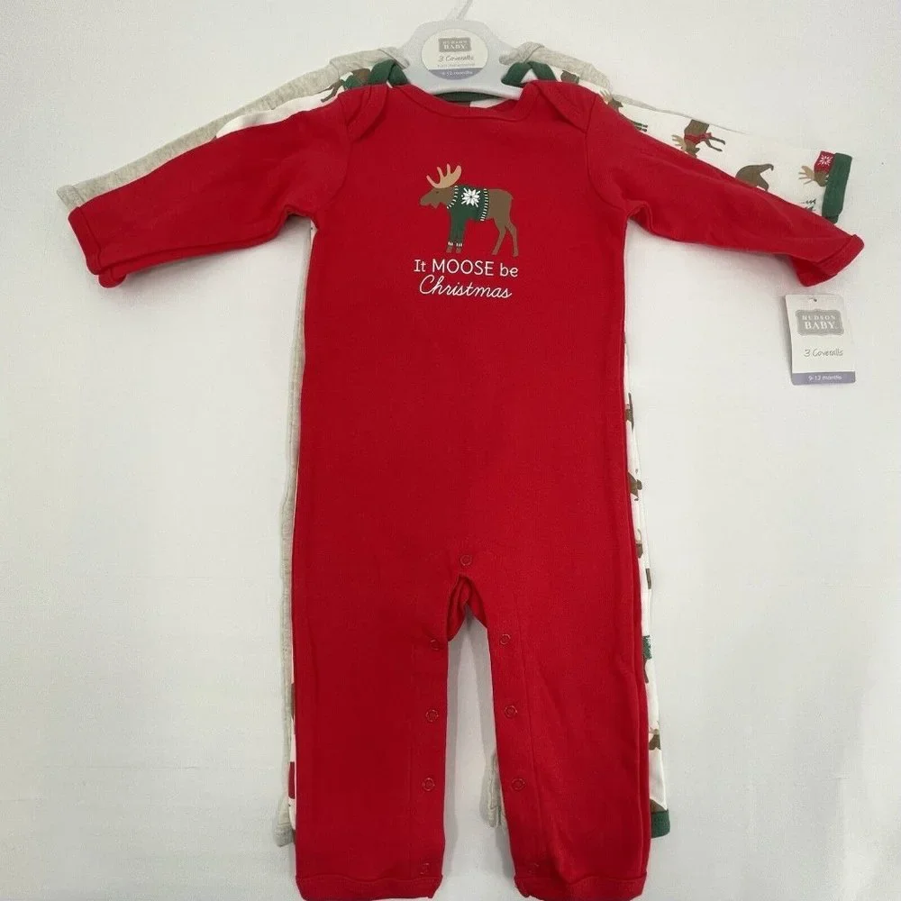 Hudson Baby Christmas Themed 3-Pack‎ Coveralls Romper Size 9-12 m Moose Trees